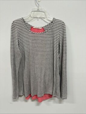 Women’s Gray & White Striped Long-Sleeve Tee with Coral Accent